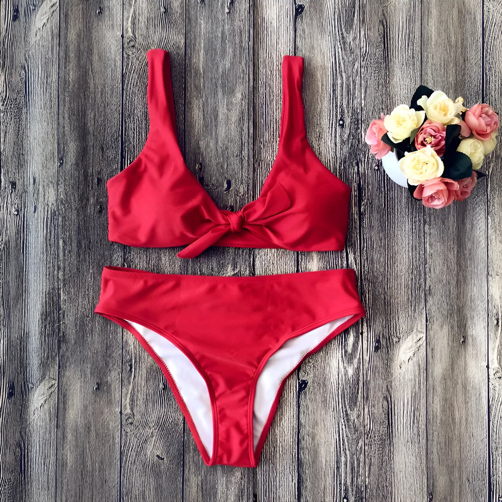 Women's solid colour bikini set with bra top and briefs in black, pink, red, white, or wine red.