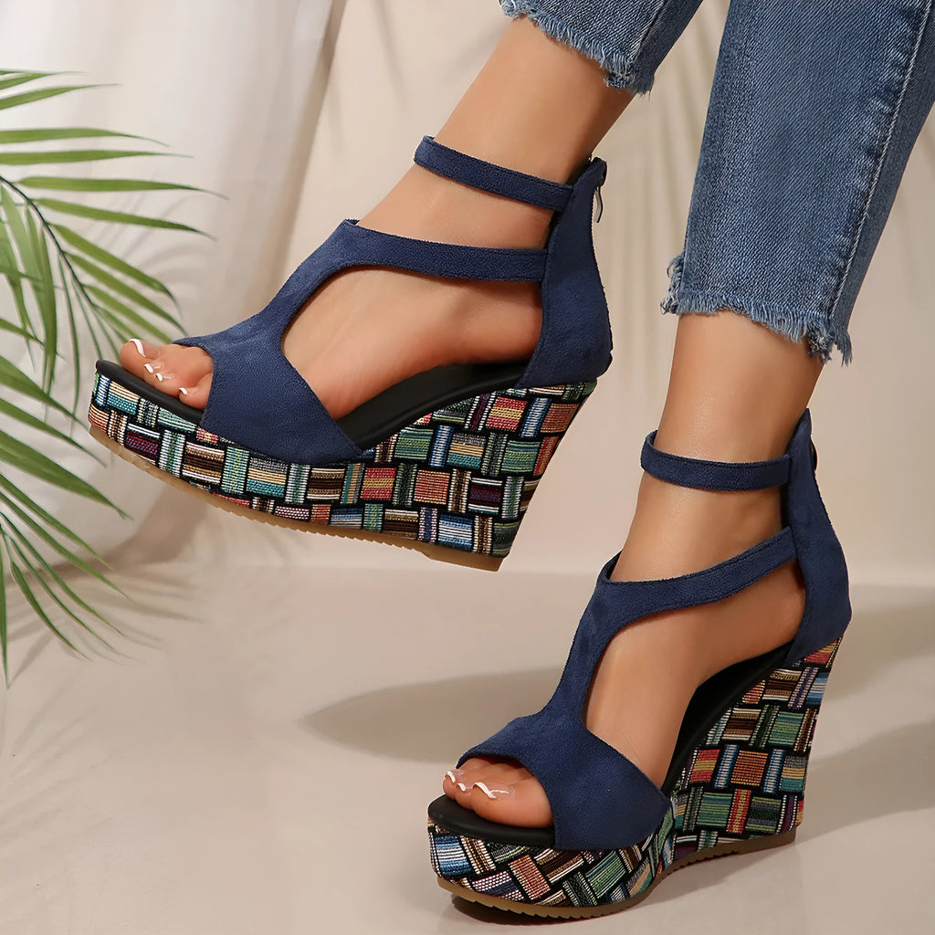Women's cream white thick-soled ankle-strap buckle sandals with cloth upper on a plain background