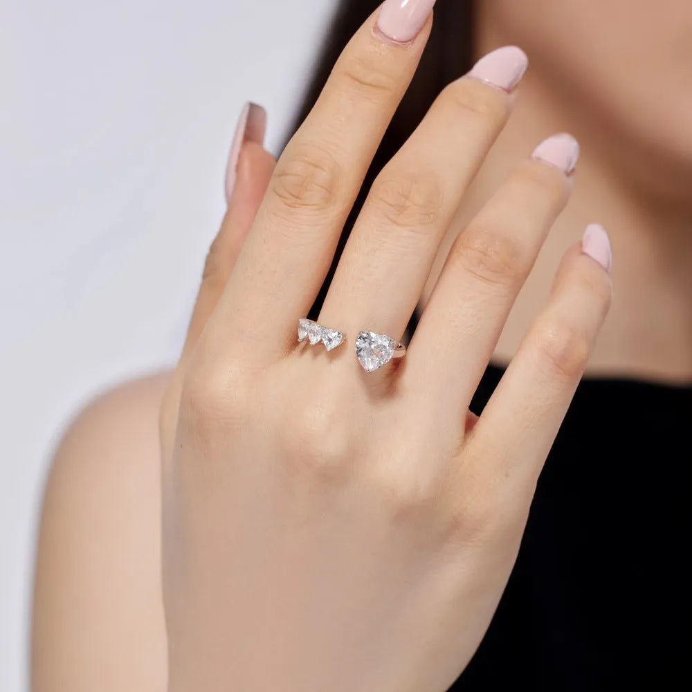 S925 sterling silver women's heart ring with adjustable open band and two-tone zircon in platinum white or white gold powder