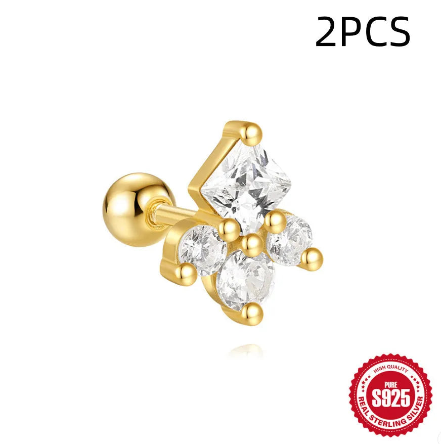 S925 sterling silver square gravel stud earrings with flower design in golden colour options