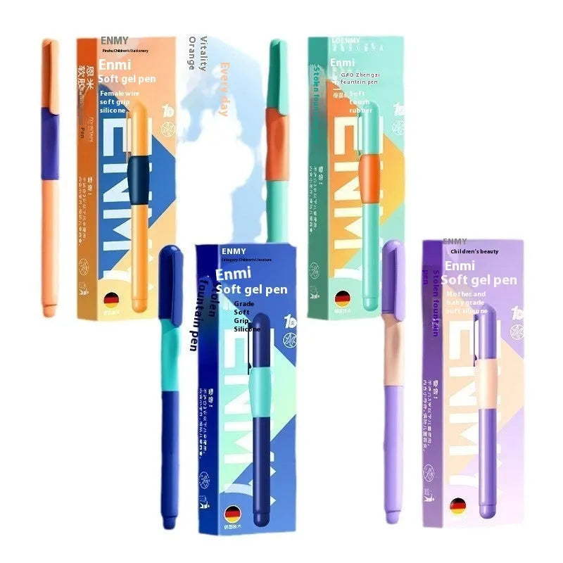 Student posture correction pen in plastic shell showing four colour options: blue, green, purple, orange