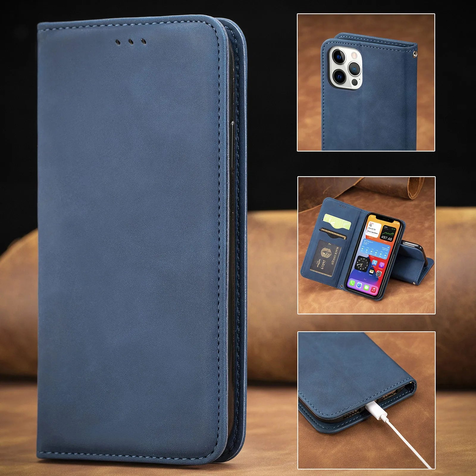 Blue TPU leather magnetic phone case with bracket for Apple iPhone models