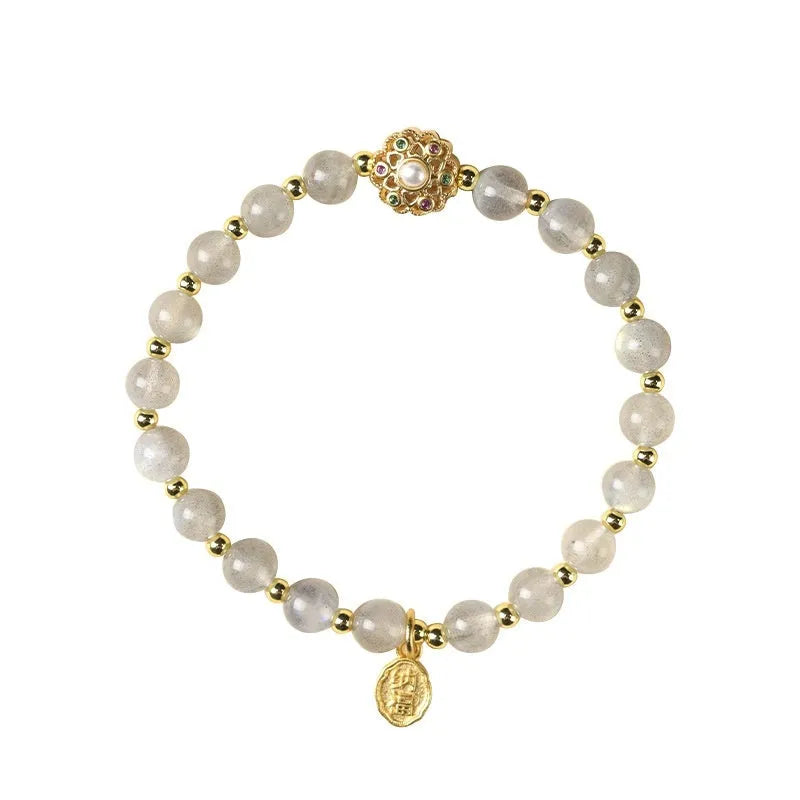 Hand-woven gray moonstone crystal bracelet with pink sunstone and peach strawberry quartz beads