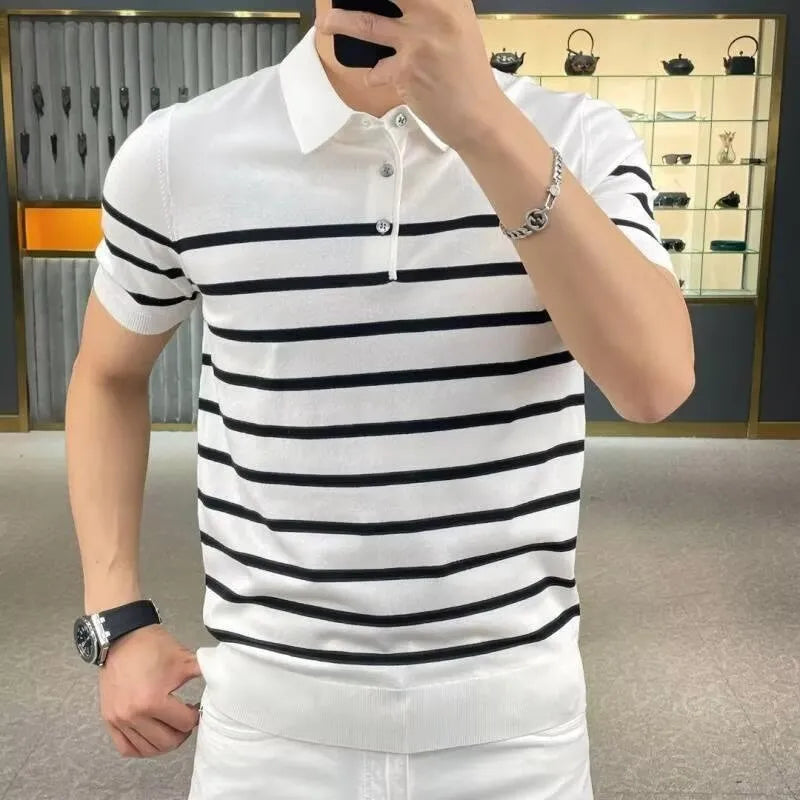Black and white striped lapel pullover T-shirt laid flat, non-ironing polyester blend fabric.