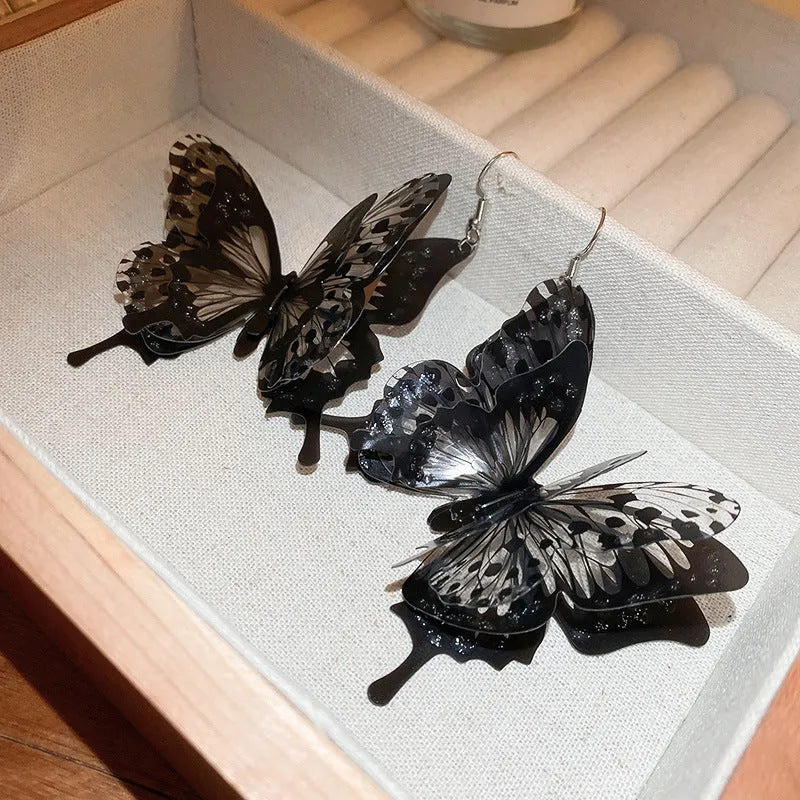 Dark style acrylic butterfly ear hook earrings for women with electroplated black finish