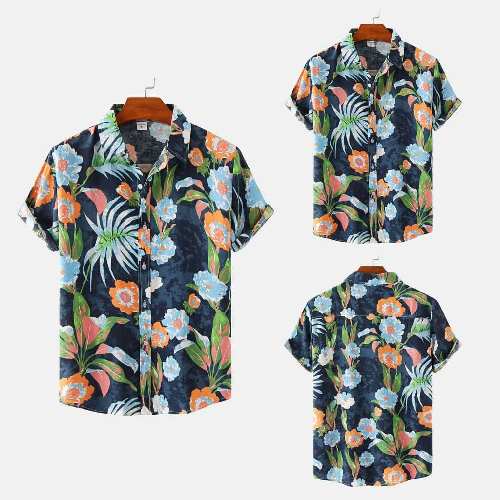 Men's floral short sleeve shirt slim fit cotton top in white khaki black sizes M to 3XL