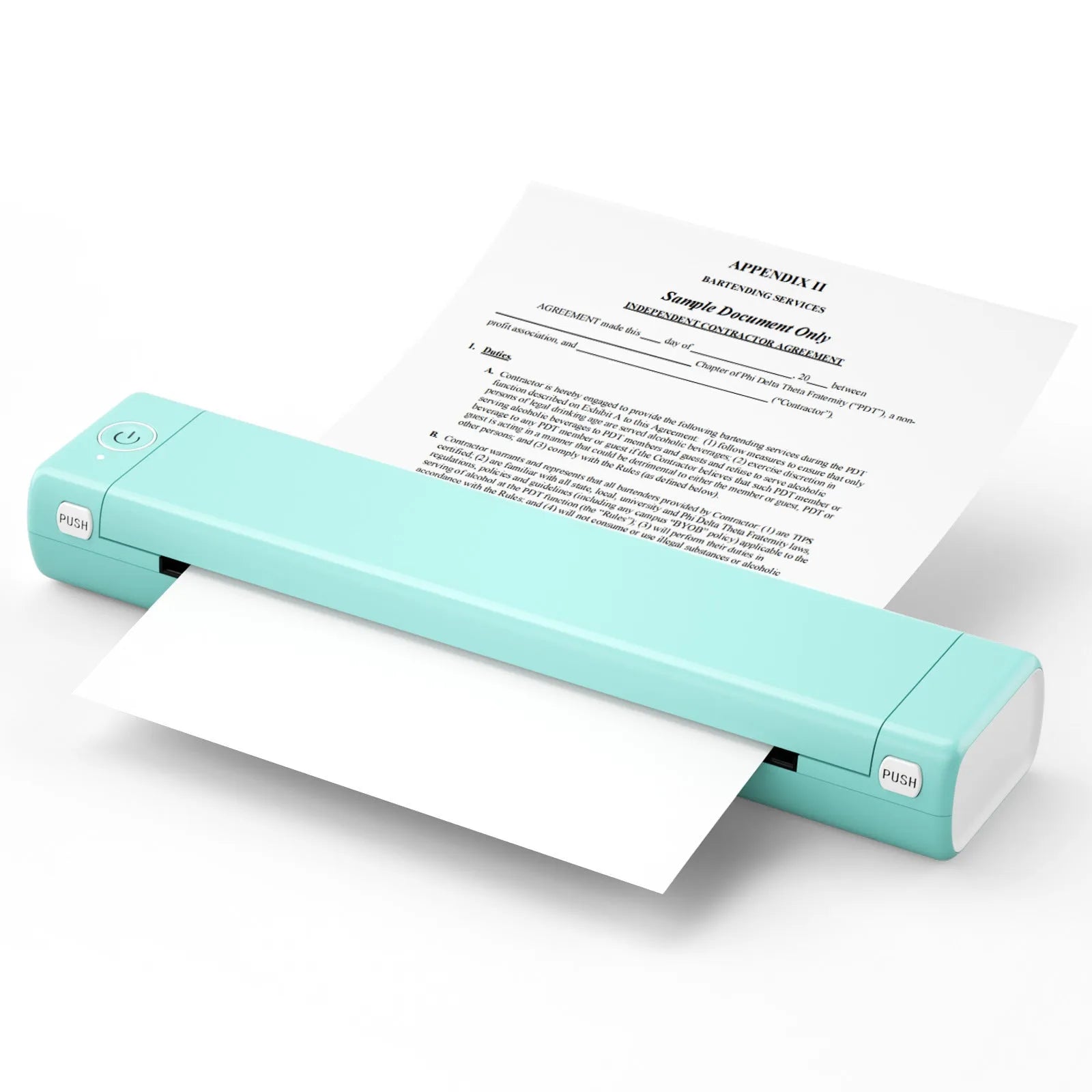 Phomemo M08F white portable A4 thermal printer on a desk next to a mobile phone.