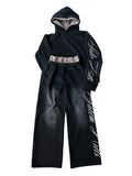 Men's grey punk print pullover hoodie and matching trousers laid flat.