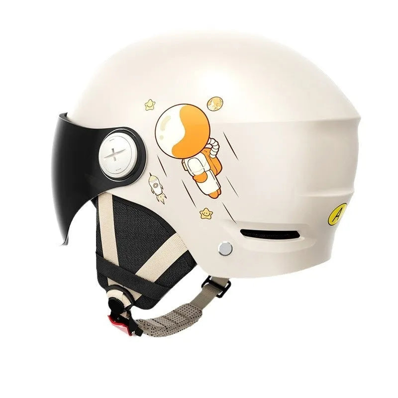 Khaki coloured motorcycle half-helmet for adults with integrated tinted glasses on a stand.