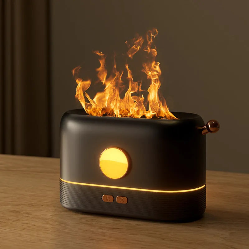 Black USB humidifier with LED flame simulation effect on wooden desk