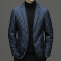 Men's solid colour thick down jacket with lapel collar and side seam pockets.