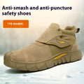 Brown leather safety work shoes with anti-smash toe cap and puncture-resistant rubber sole