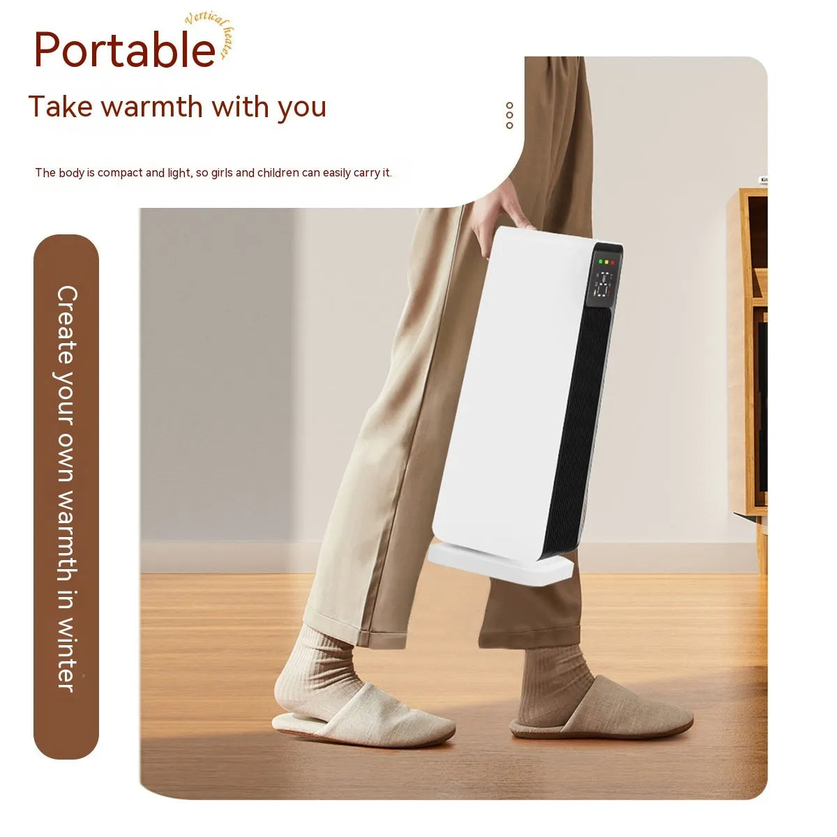 Small white air conditioner with PTC heater, touch controls, and shaking head for 30m² rooms