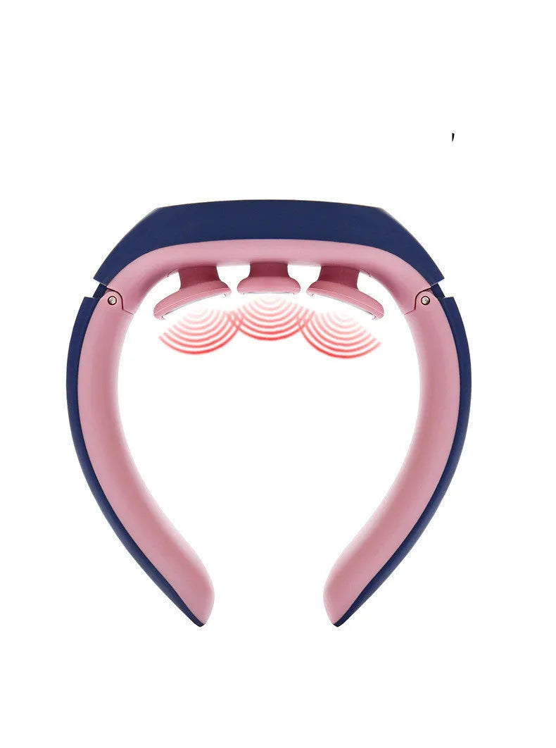 White electric pulse neck massager collar with three massage contacts and heat button