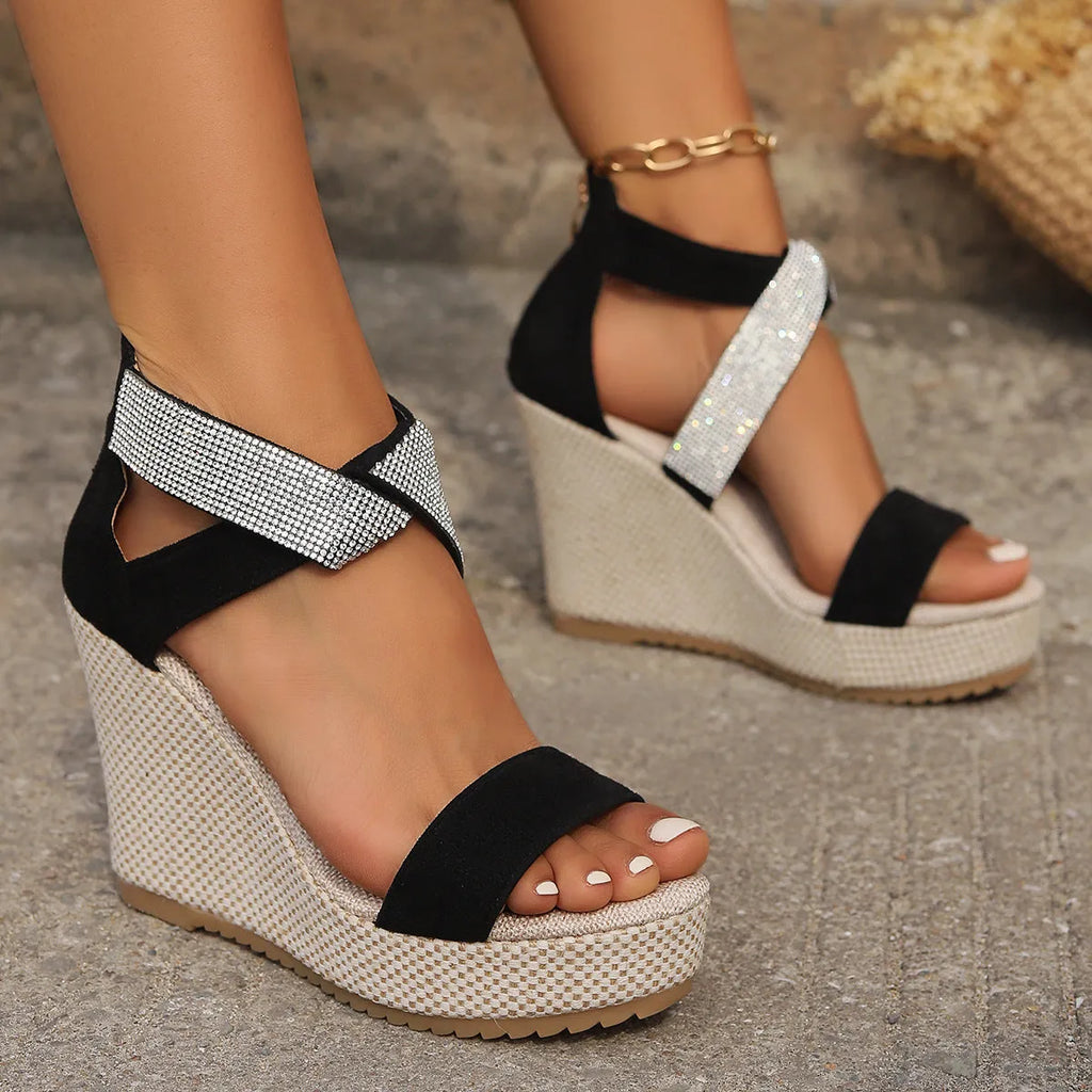 Women's black suede fish mouth high wedge platform sandals with rhinestone decoration