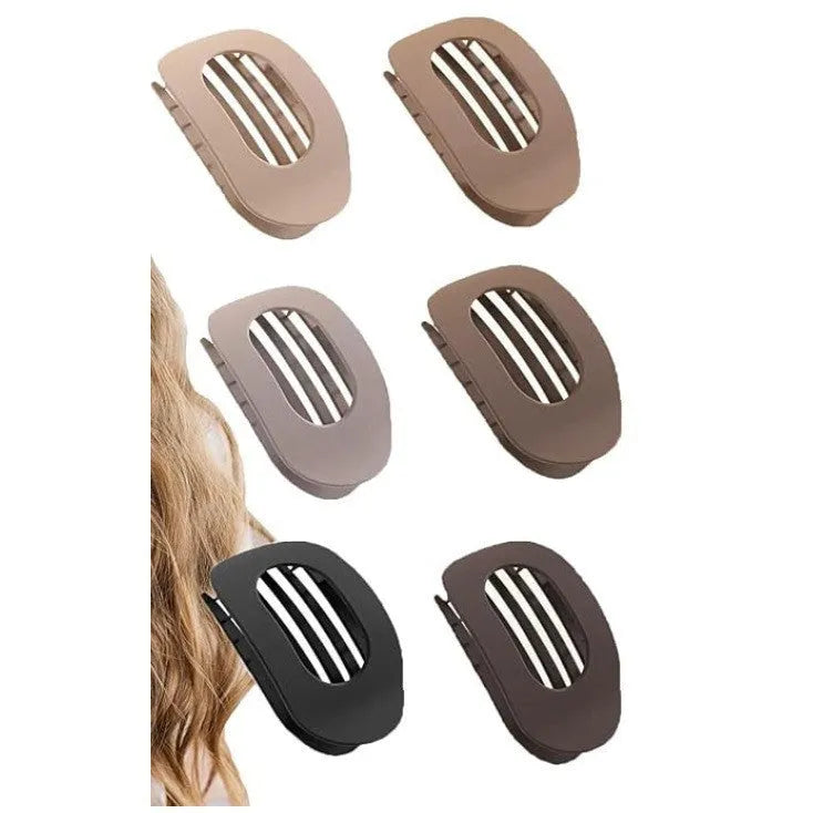 Six plastic hair clips with frosted grip texture and quadrilateral design in individual OPP bags