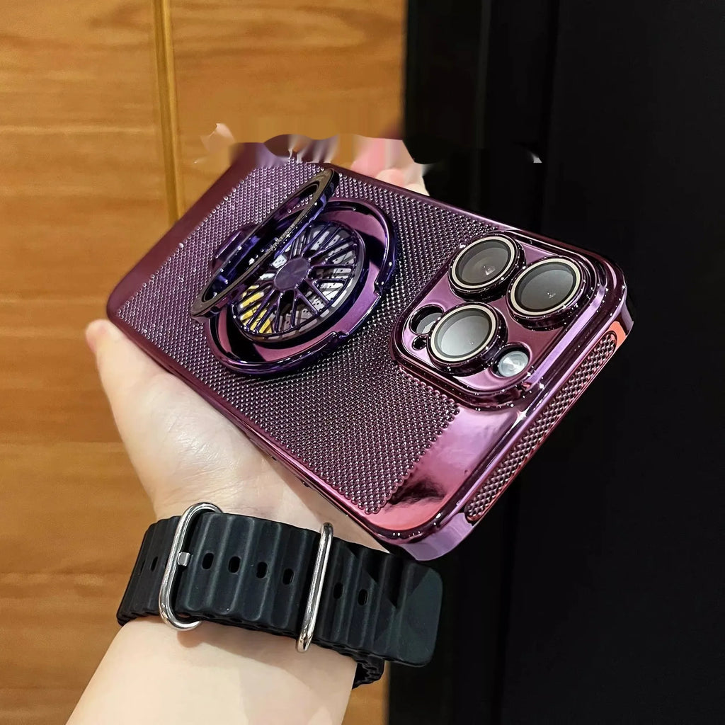 Gyro rotating bracket PC phone case for iPhone, shockproof with magnetic suction, electroplated finish