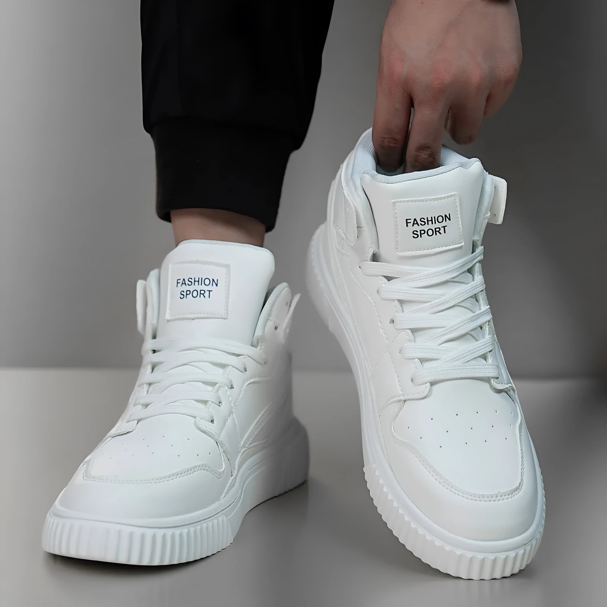 Men's white microfiber casual shoes with round toe design for autumn winter wear