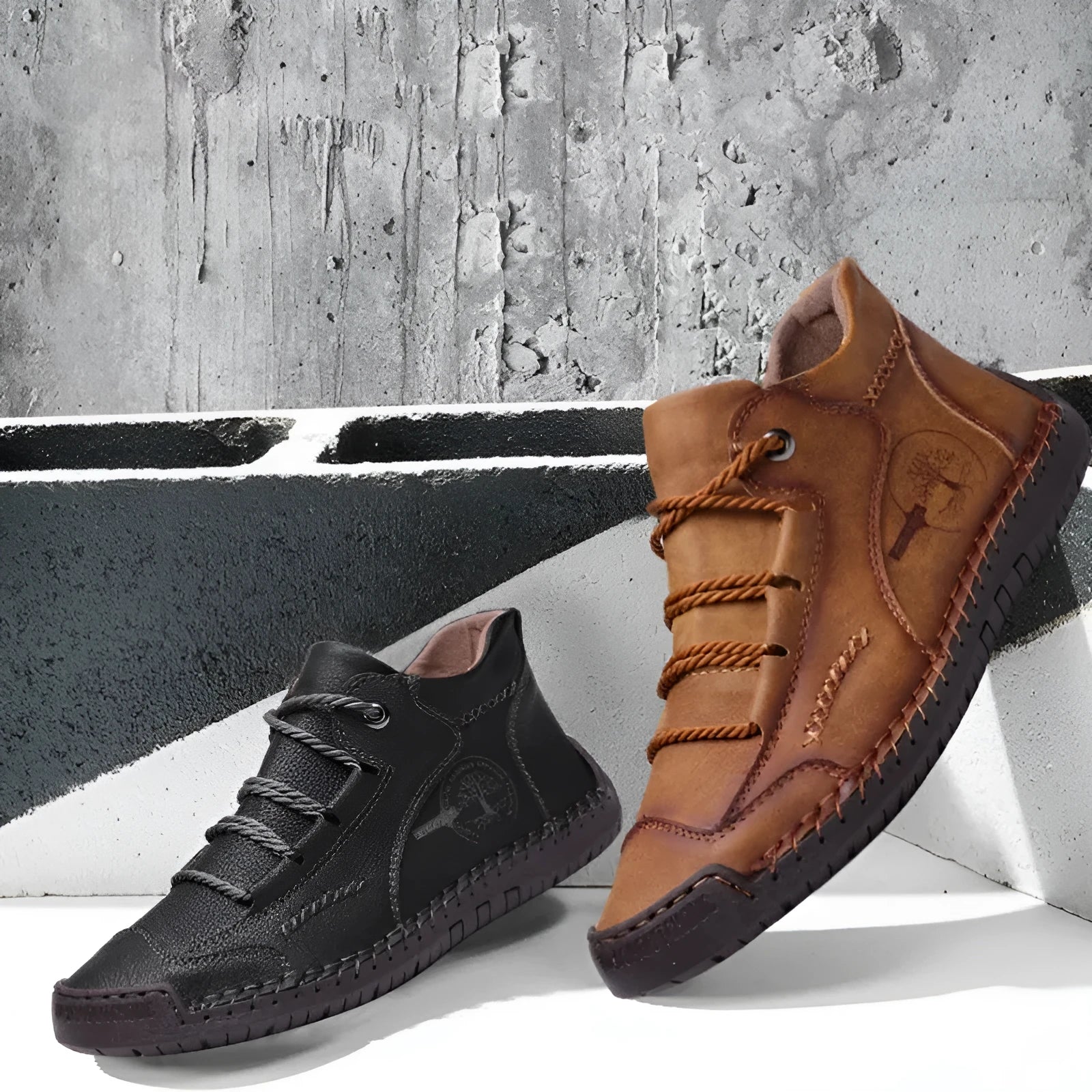 Men's leather high-top boots with round toe and lace-up front in five colour options