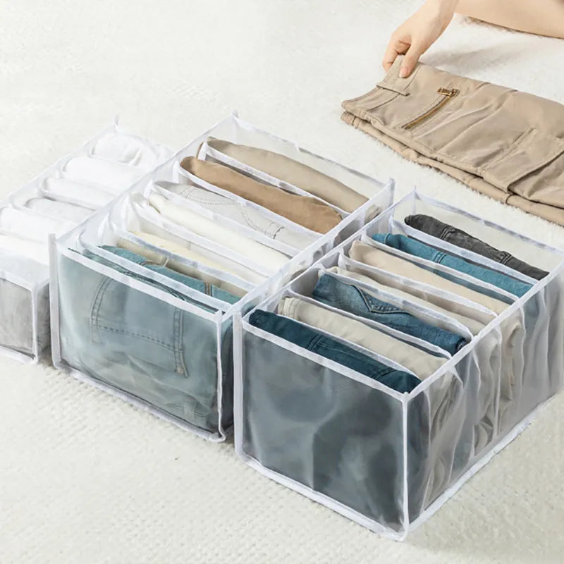 Grey upgrade mesh clothes storage box drawer divider, 6 grids, 32x17x12cm, on a shelf with folded leggings visible through mesh