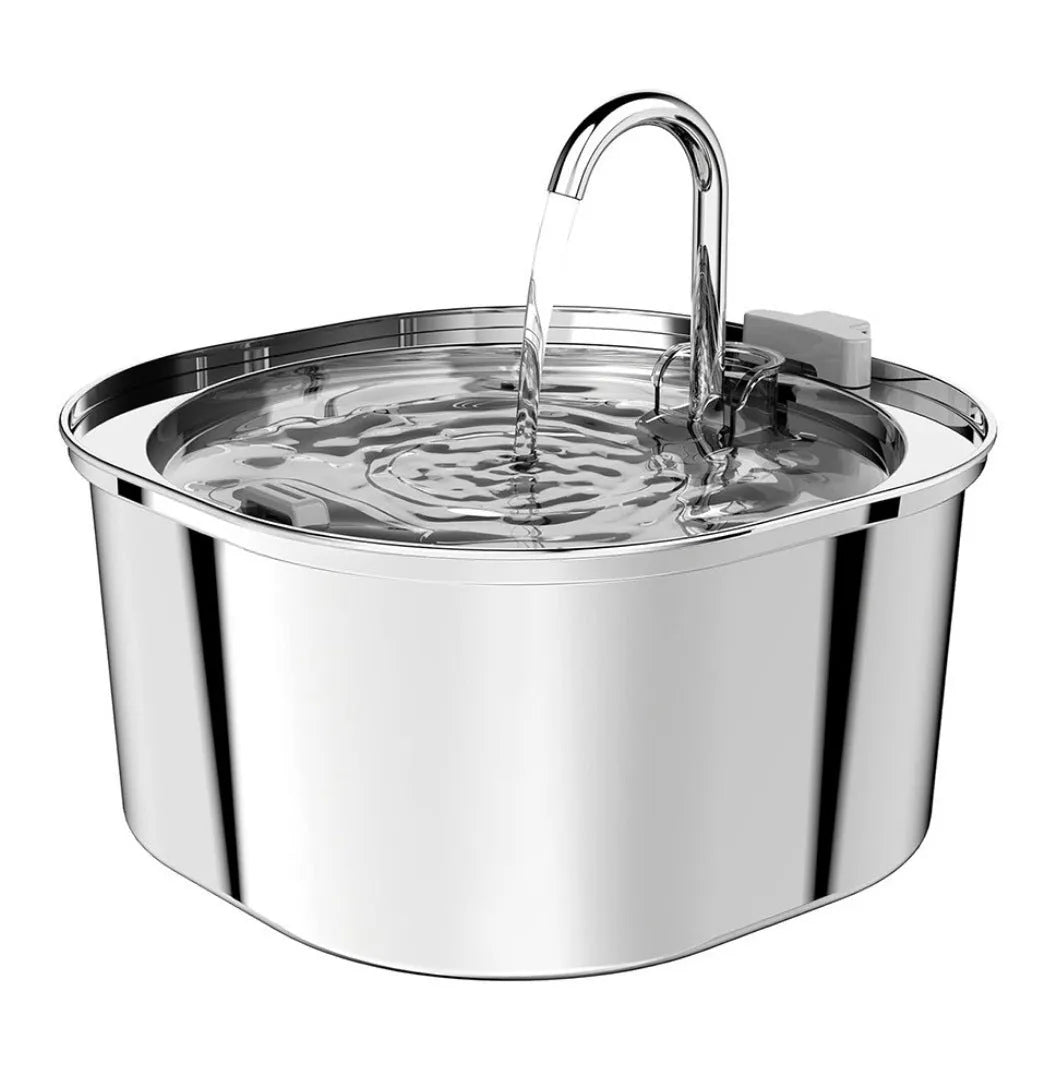 Stainless steel round pet water dispenser with large reservoir and selectable faucet attachment