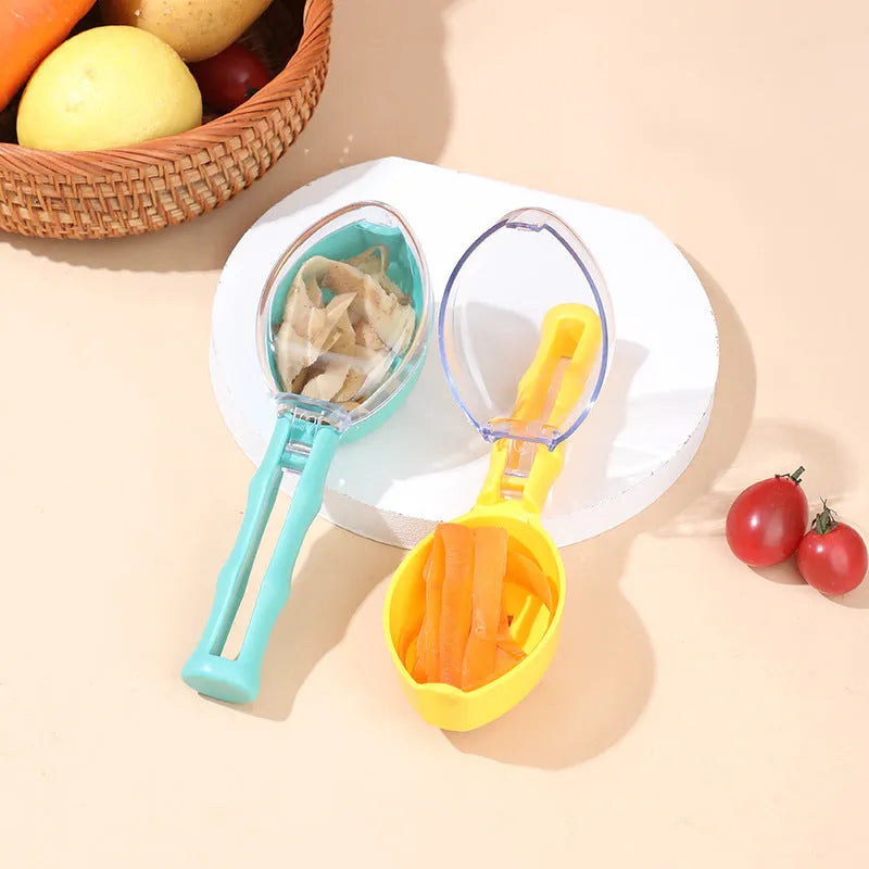 Yellow peeling knife with storage lid on a kitchen counter.