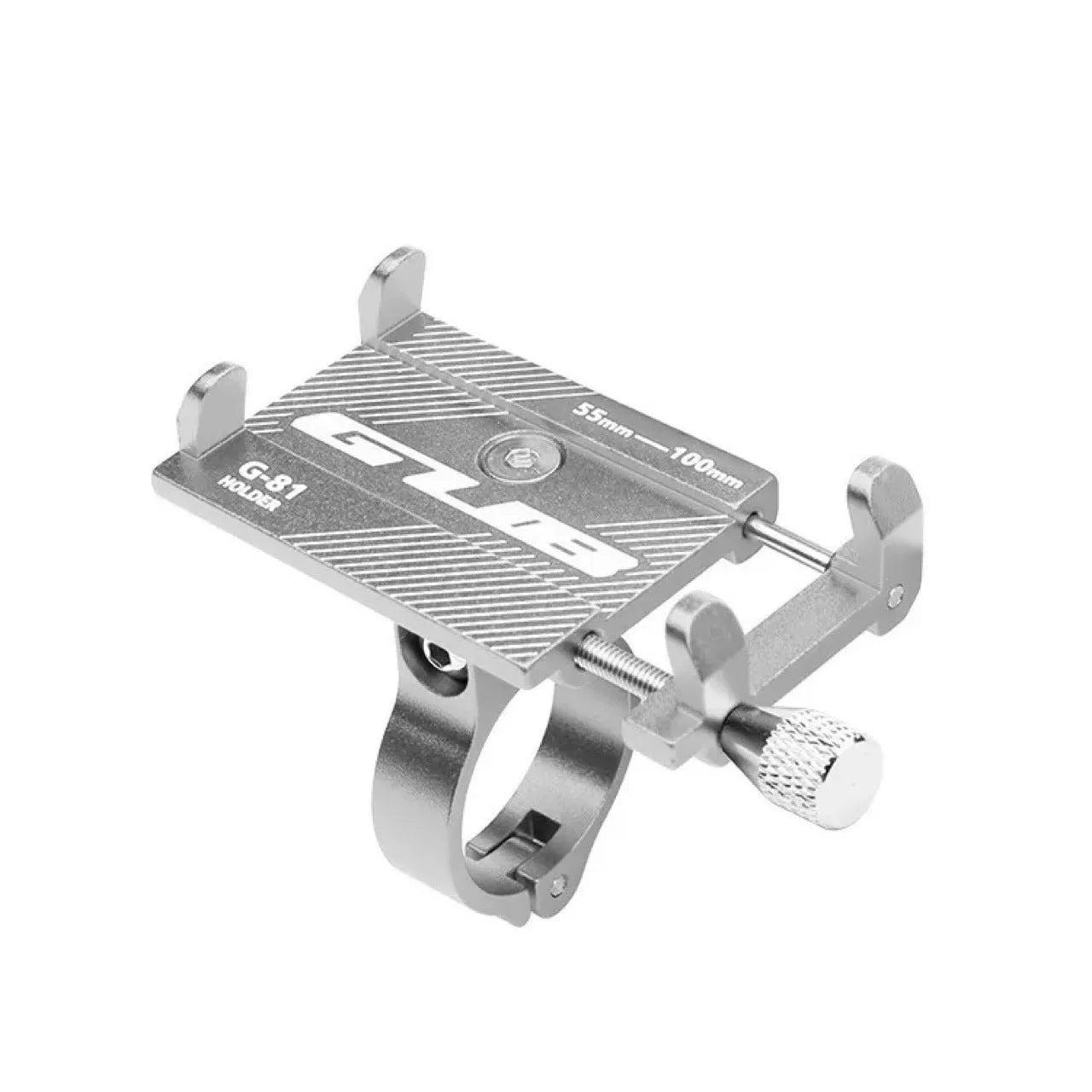 Aluminium bicycle phone holder mounted on a handlebar, showing a smartphone secured in the 360-degree rotating clamp.