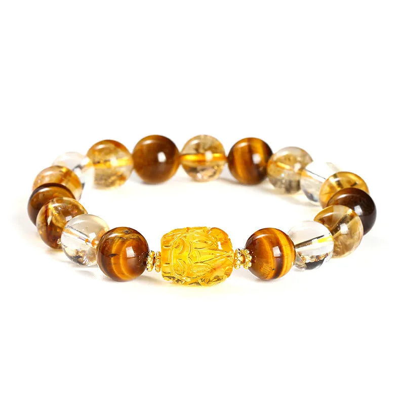 Natural yellow tiger's eye and citrine gemstone bracelet with 10mm beads and a steel Pi Xiu charm.