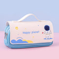 Large-capacity canvas pencil case with hand-painted cartoon pattern, flip-open design, 21x10cm size, available in blue colour