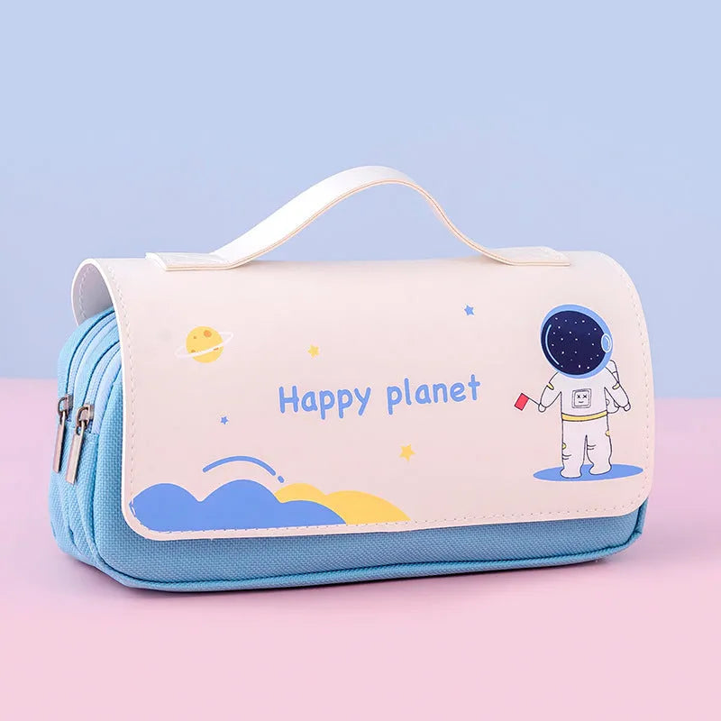 Large-capacity canvas pencil case with hand-painted cartoon pattern, flip-open design, 21x10cm size, available in blue colour