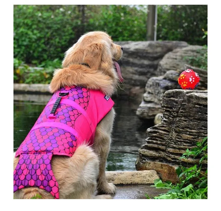 Pet life jacket in 600D polyester oxford with foam filler, available in pink, gray, shark, red, clownfish.