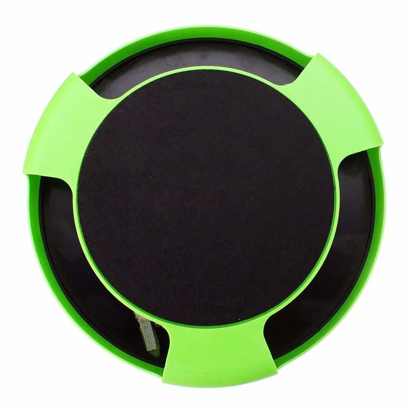 Blue rotating plastic cat toy with felt scratchpad on top standing on a floor