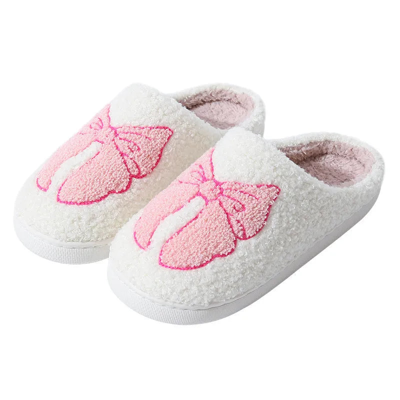 Pink and blue cartoon bow knot cotton slippers with suede upper and TPR sole