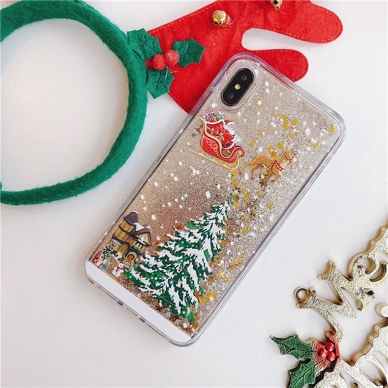 Christmas quicksand design iPhone case showing transparent double layer TPU and PC construction