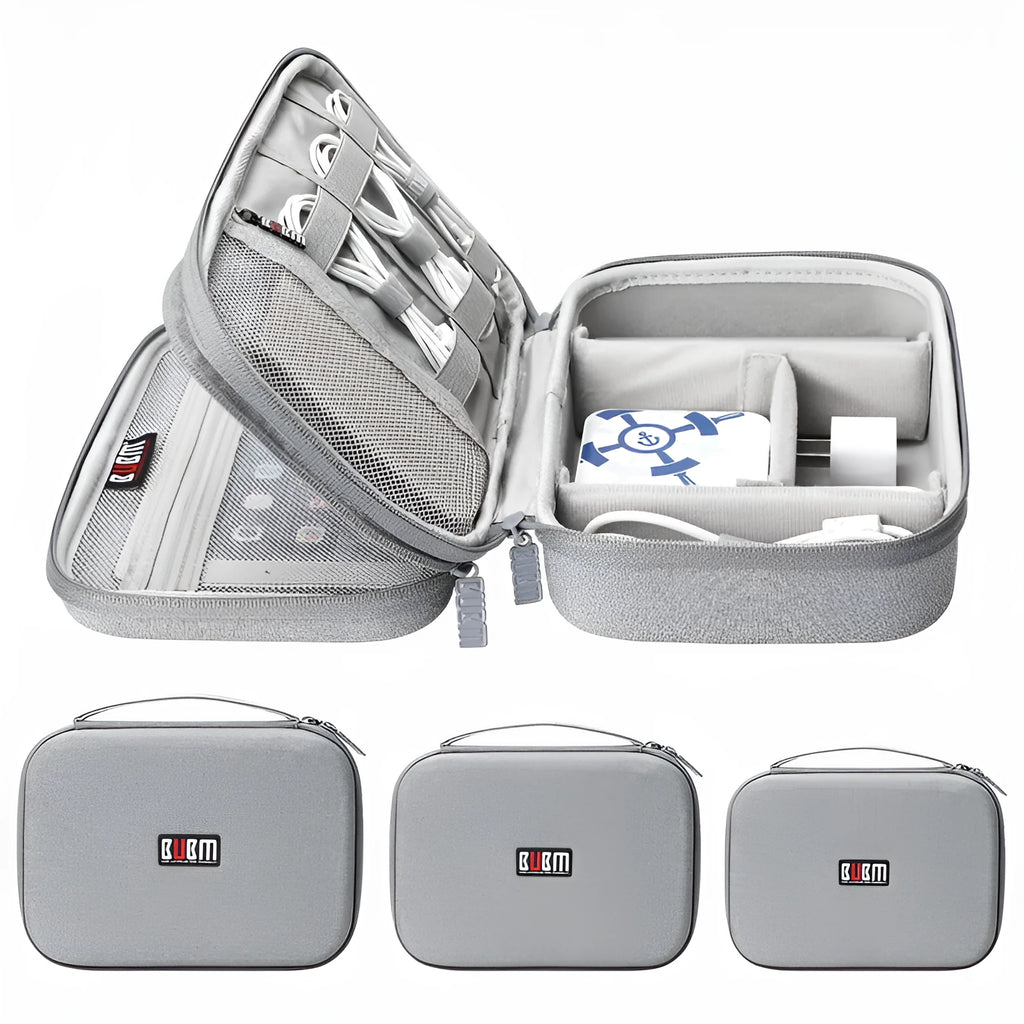 Black EVA digital storage organiser bag showing double layer compartments for headphones and cables