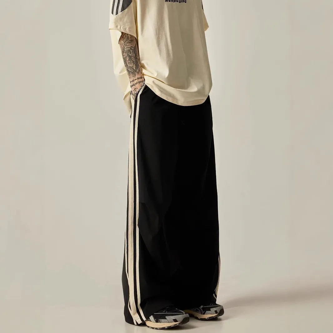 Black wide leg climbing trousers for men with straight-leg style and high waist design