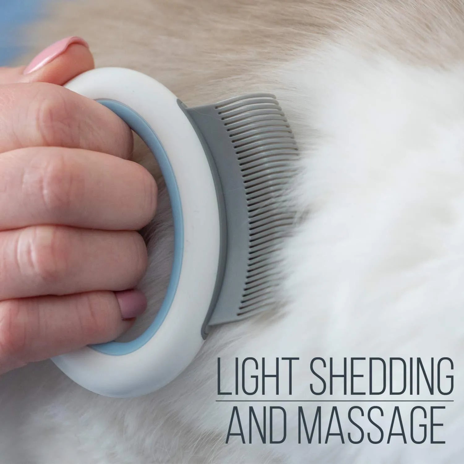 Blue plastic pet grooming comb for cats and dogs on a white background.