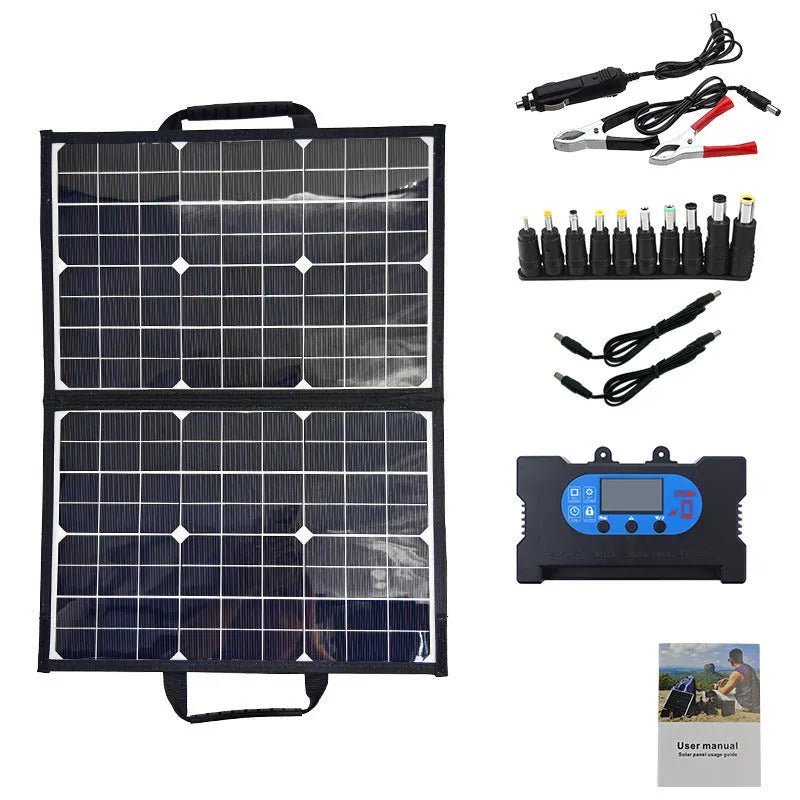 Black 40W solar panel folded inside its portable carrying bag.