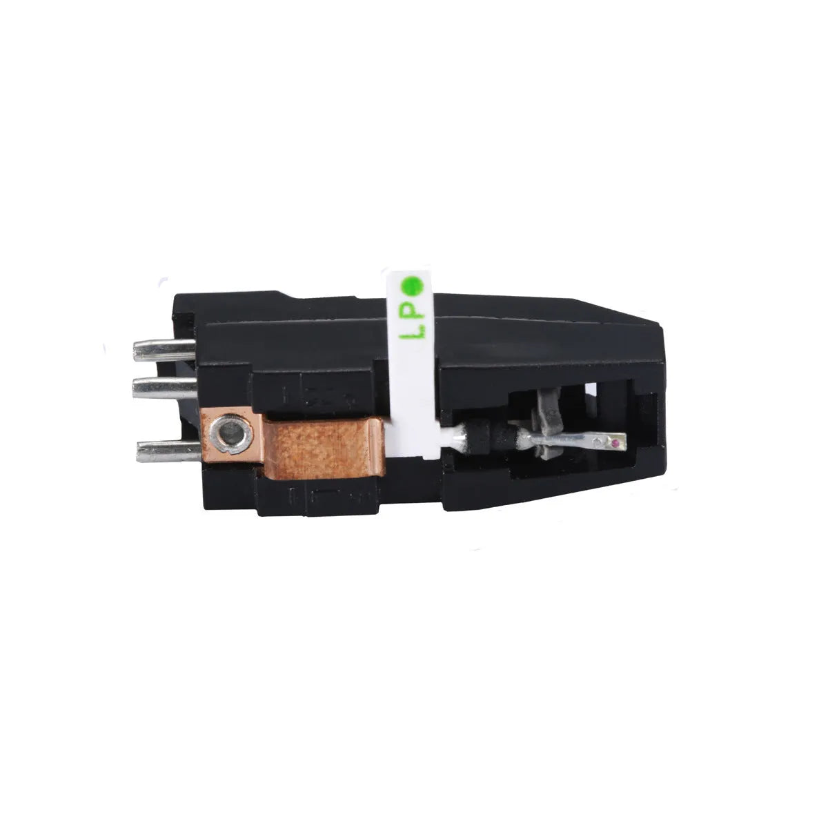 A record player magnetic cartridge with a black ABS shell, measuring 28mm by 10mm.