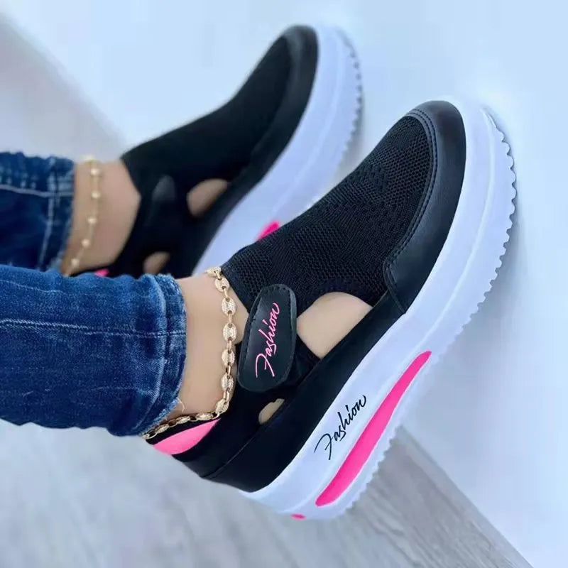 Women's casual low wedge breathable mesh sneakers with Velcro fastening available in black blue pink red sizes 35-43