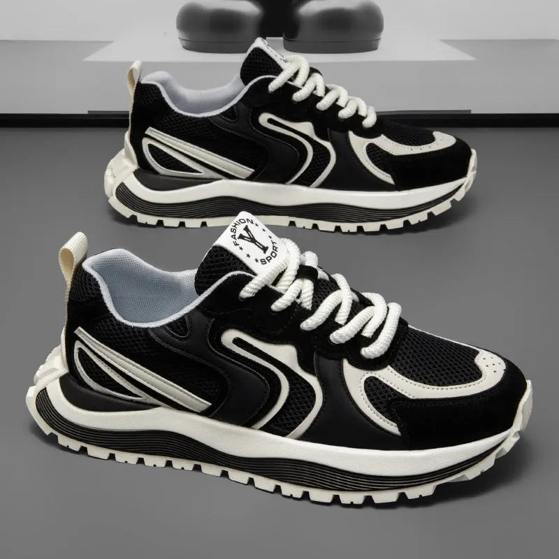 Men's yellow, black, and white mesh and synthetic leather casual sneakers with round toe and lace-up front.