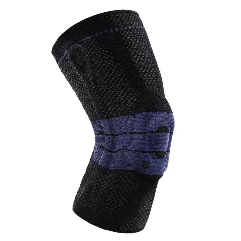 Adult sports kneecaps in black and blue colour, made from nylon and spandex material.