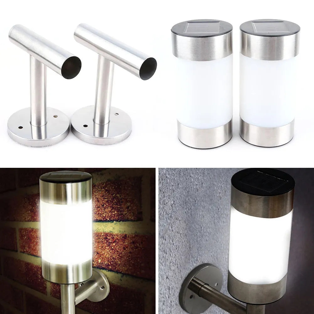 White solar-powered outdoor wall light with solar panel on top, showing compact rectangular design.