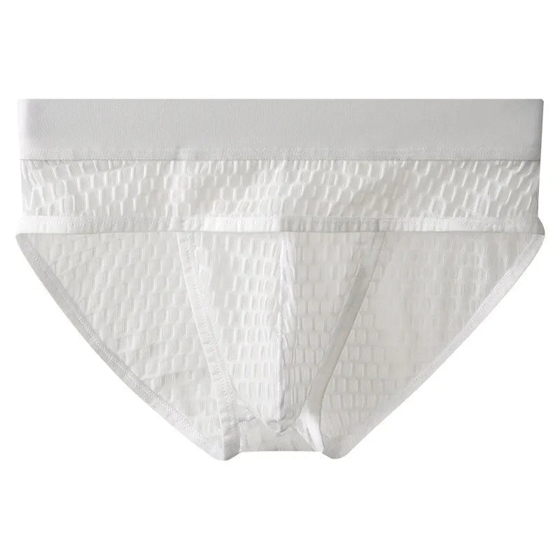 Men's solid colour polyester briefs with mid-rise waist and U-pouch design.