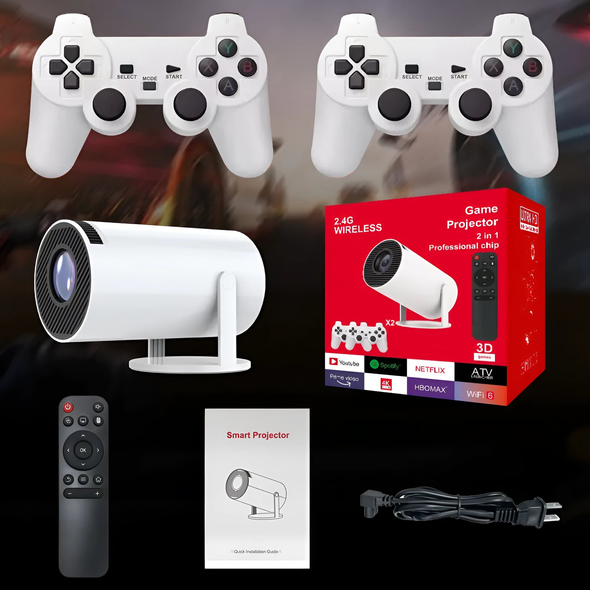 M300MAX portable home projection game machine with wireless handles in red or white packaging box