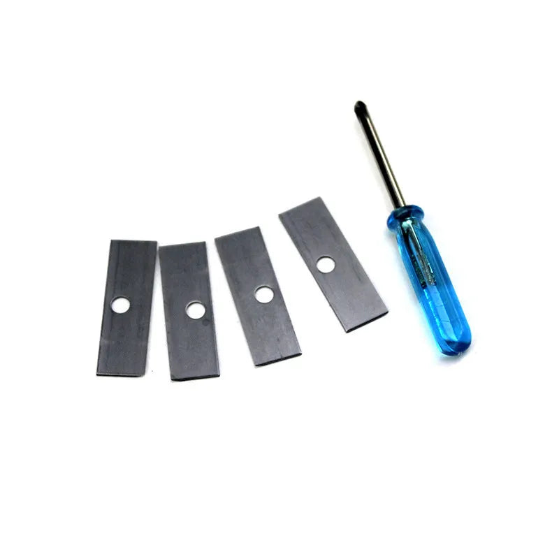 Four hole geometric pencil sharpener with plastic construction and maintenance screwdriver