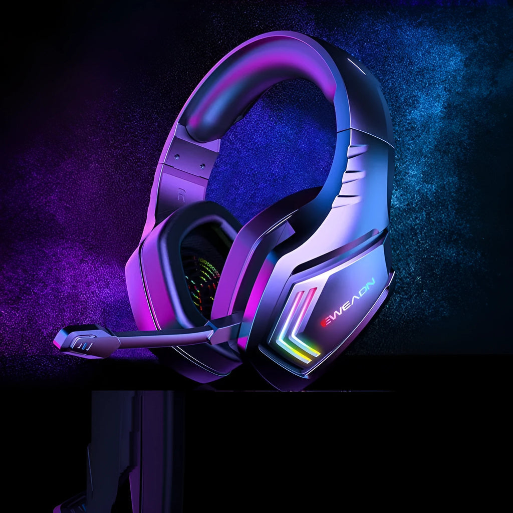 Black RGB wireless Bluetooth headset with noise reduction on a head model.