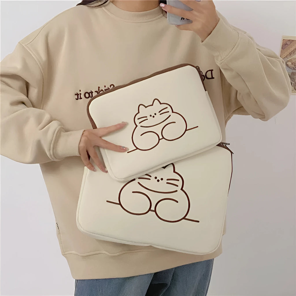 Nylon tablet protective sleeve with zip and embroidered fat cat design