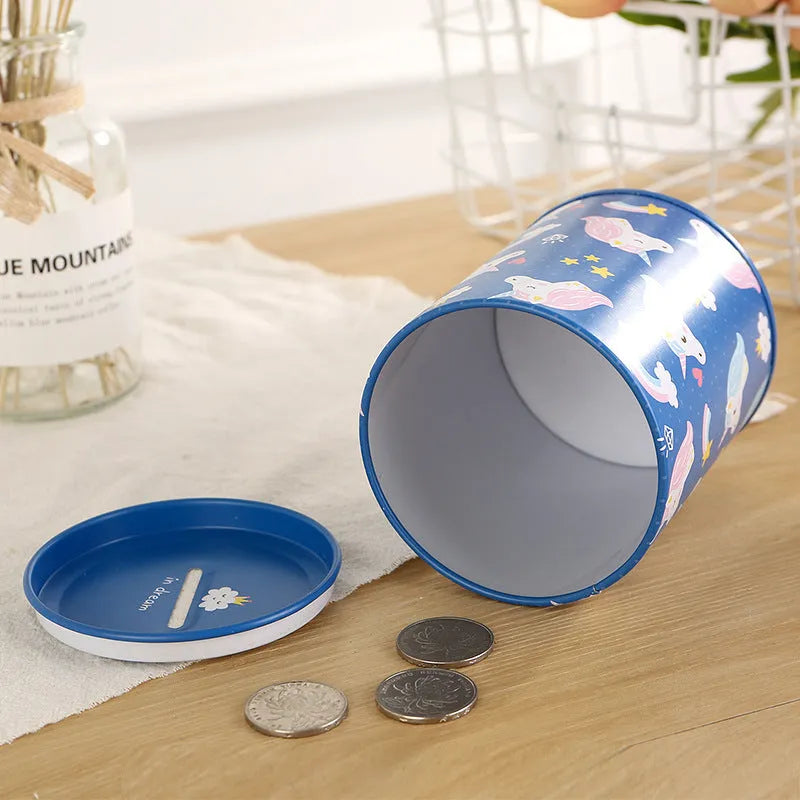 Rectangular metal piggy bank savings box with coin slot, 85mm wide by 102mm high.