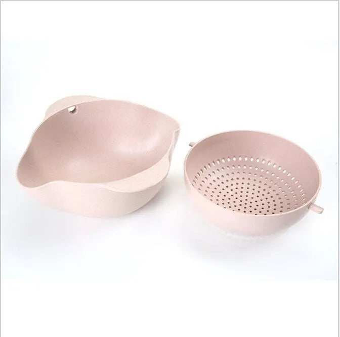 Kitchen plastic double-deck washing basket in blue with sieve insert for draining rice and fruit